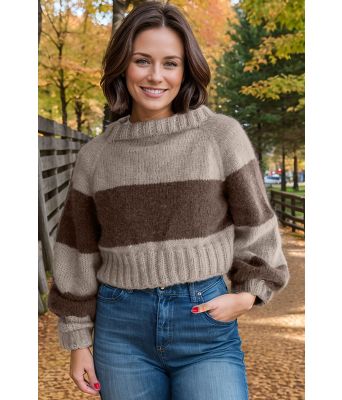 Beige Cropped stripe sweater med brun stripe - Strikkia 2025-007-307308