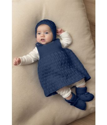 Jeansblå April Strikkekjole til baby med lue og sokker - Viking 2028-6-325