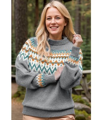 Grå Lofotengenser med petrol og safrangult mønster - DLG-241-SU3405340034393416