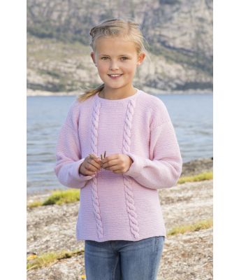 Malva rosa strikkegenser til jente med fletter - Viking 1612-5