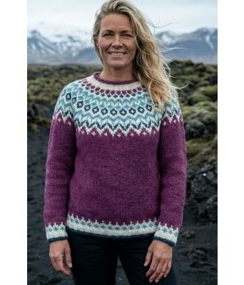 Fuchsia riddari genser med turkis og blått mønster - LL0049-F