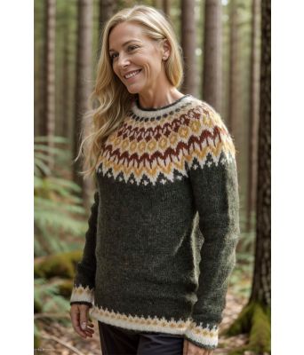 Grønn riddarigenser med gult og rustfarget mønster - LL0094