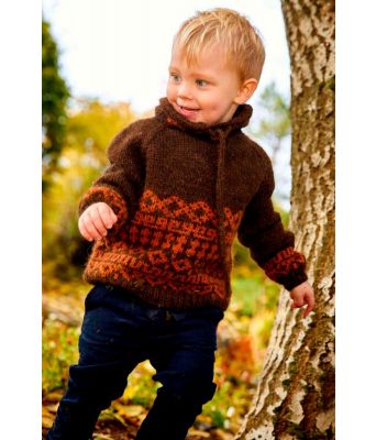 Snjoalda brun strikket genser med hette til barn - Lopi 37-12