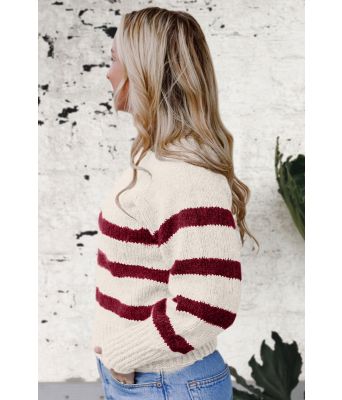 Naturhvit Bordeaux sweater med røde striper - Strikkia 2023-001 302-360