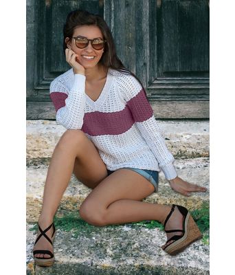 Santa Maria genser i bomull/bambus med lys burgunder stripe - Viking 2017-04-462