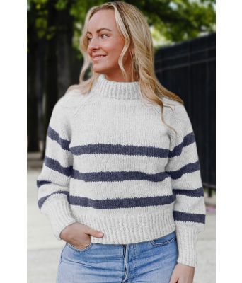 Hvit Bordeaux sweater med jeansblå striper - Strikkia 2023-001 300-327