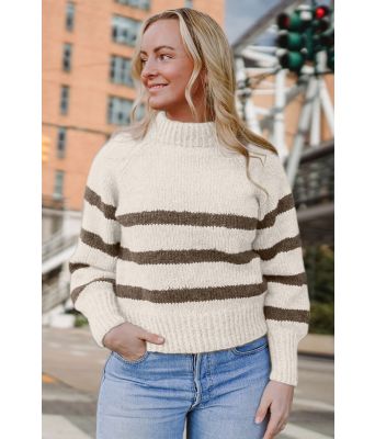 Naturhvit Bordeaux sweater med lysebrune striper - Strikkia 2023-001 302-309