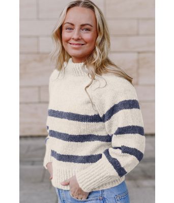 Naturhvit Bordeaux sweater med jeansblå striper - Strikkia 2023-001 302-327