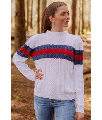 Amalfi sweater flettegenser med rød og blå striper - Strikkia 2023-014