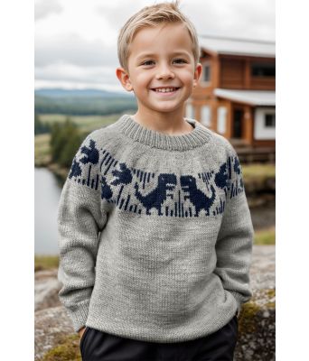 Grå dinosaur genser med marineblått mønster - Strikkia 2024-004-513526