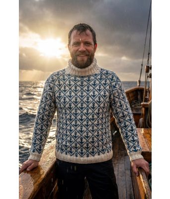 Skjærgårdsgenser med denimblått mønster - Strikkia 2026-001GGCS-67006786